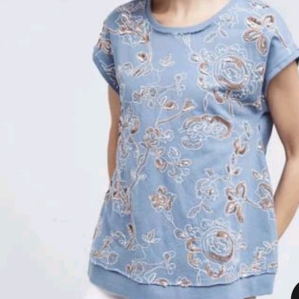 Anthropology Hildie Sequin Floral Embroidered Blue Sweatshirt Top Sz M NWT